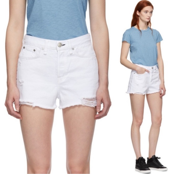 NWT rag & bone Maya White Denim Shorts Size 24 High Rise Distressed Raw Hem - Picture 13 of 15